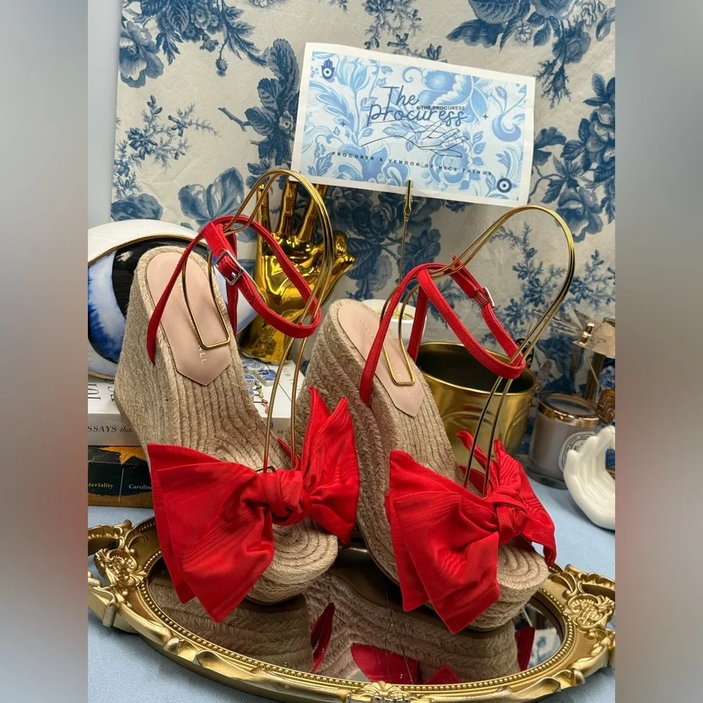 🆕 LOEFFLER RANDALL 🧿 NWOB Angelina Red Moiré Bow Wedge Espadrille, Sz 7